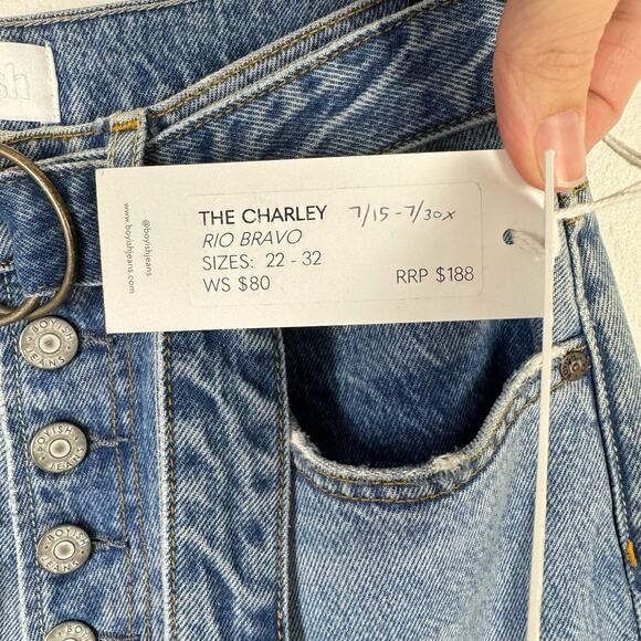 Boyish by HER NWT The Charley Belted Wide Leg Cotton Raw Hem Button Fly Jeans - Picture 8 of 10